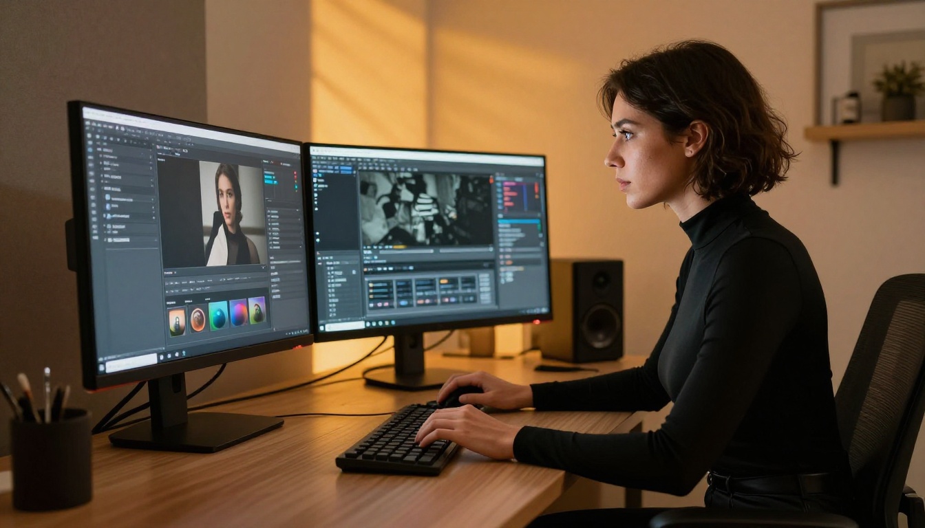 Female content creator at a dual-monitor workstation with warm amber studio lighting, focused expression
