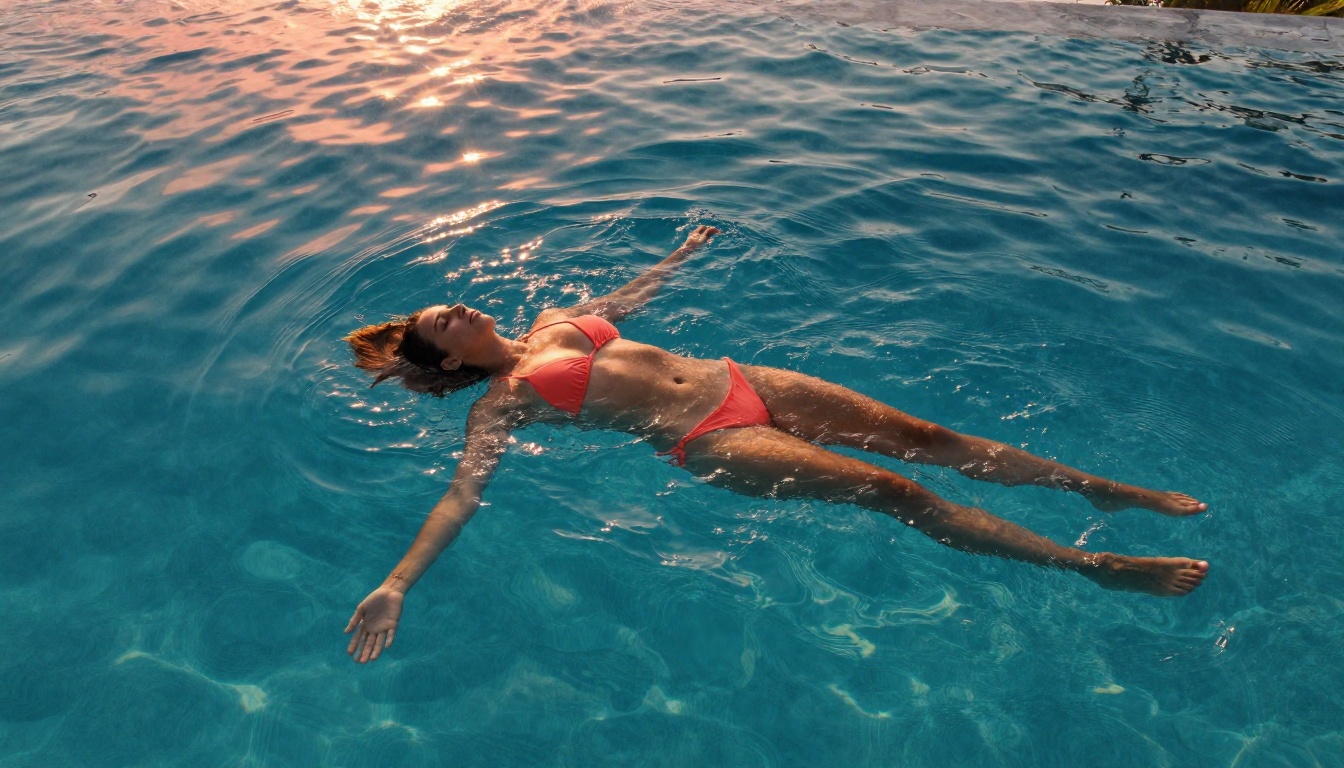 Aerial bird's eye view of a woman floating in an infinity pool at sunset, coral string bikini, turquoise water