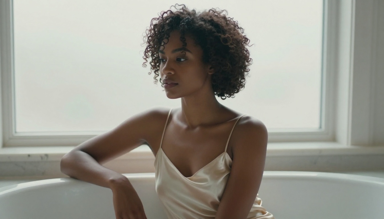 Woman with natural curls in an ivory silk slip sitting on a marble bathtub edge, soft diffused morning light