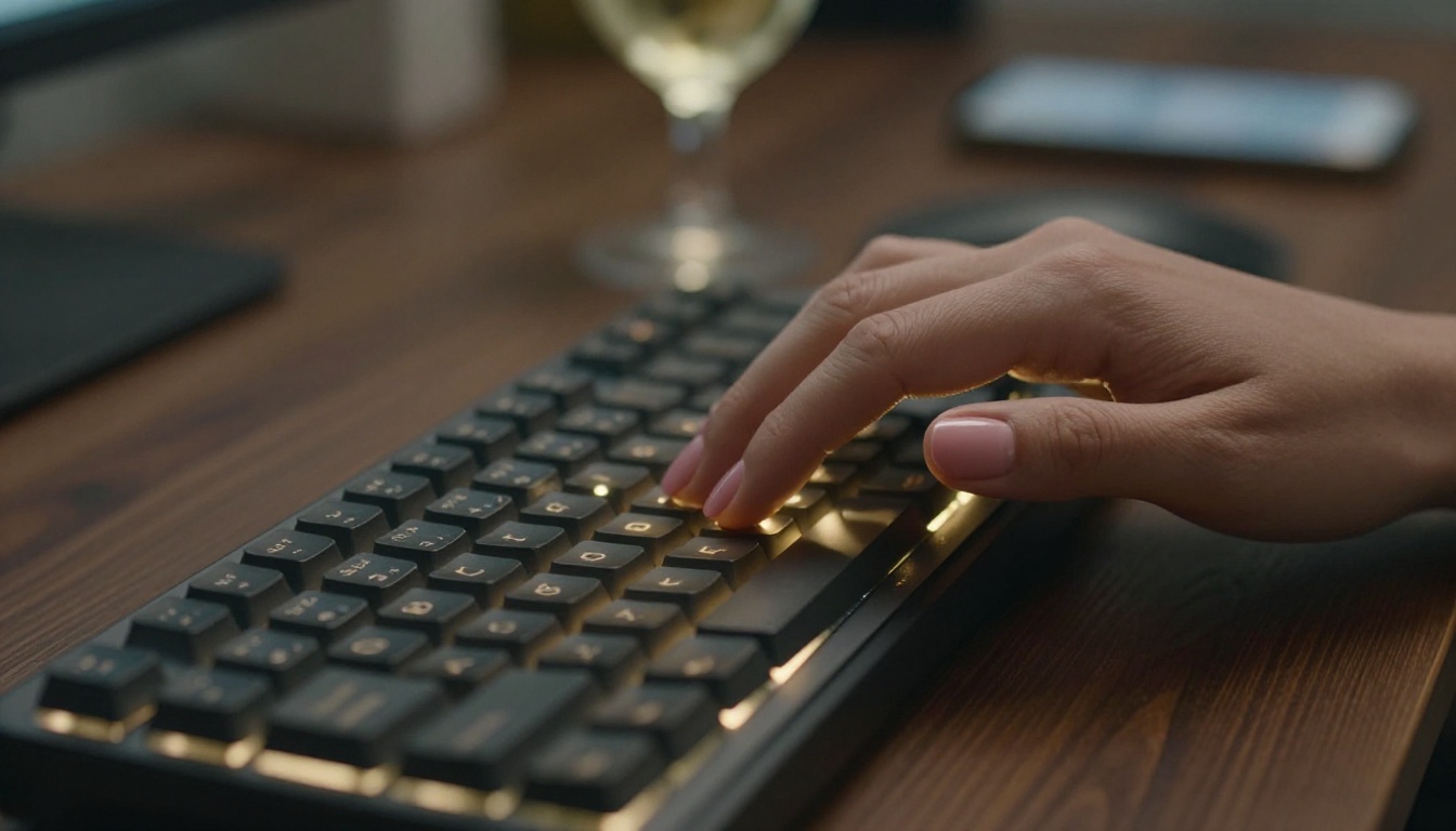 Close-up of hands typing on a keyboard at night