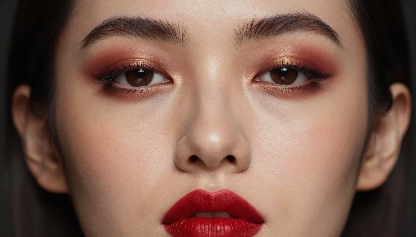 Close-up portrait of a woman with bold artistic makeup and warm studio lighting Close-up portrait of a woman with bold artistic makeup and warm studio lighting