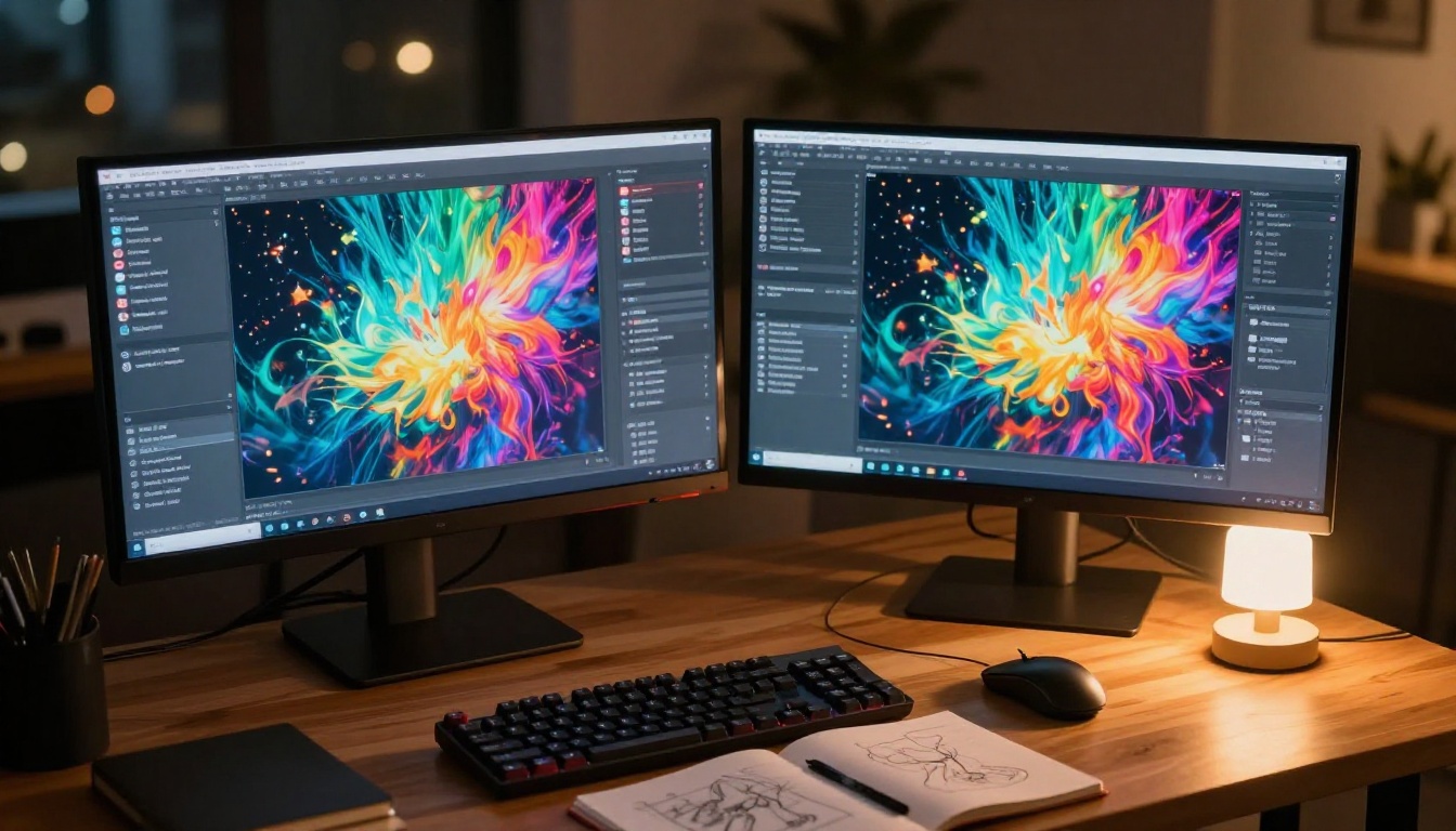 Modern AI workspace with dual monitors showing creative software and video timelines Modern AI workspace with dual monitors showing creative software and video timelines