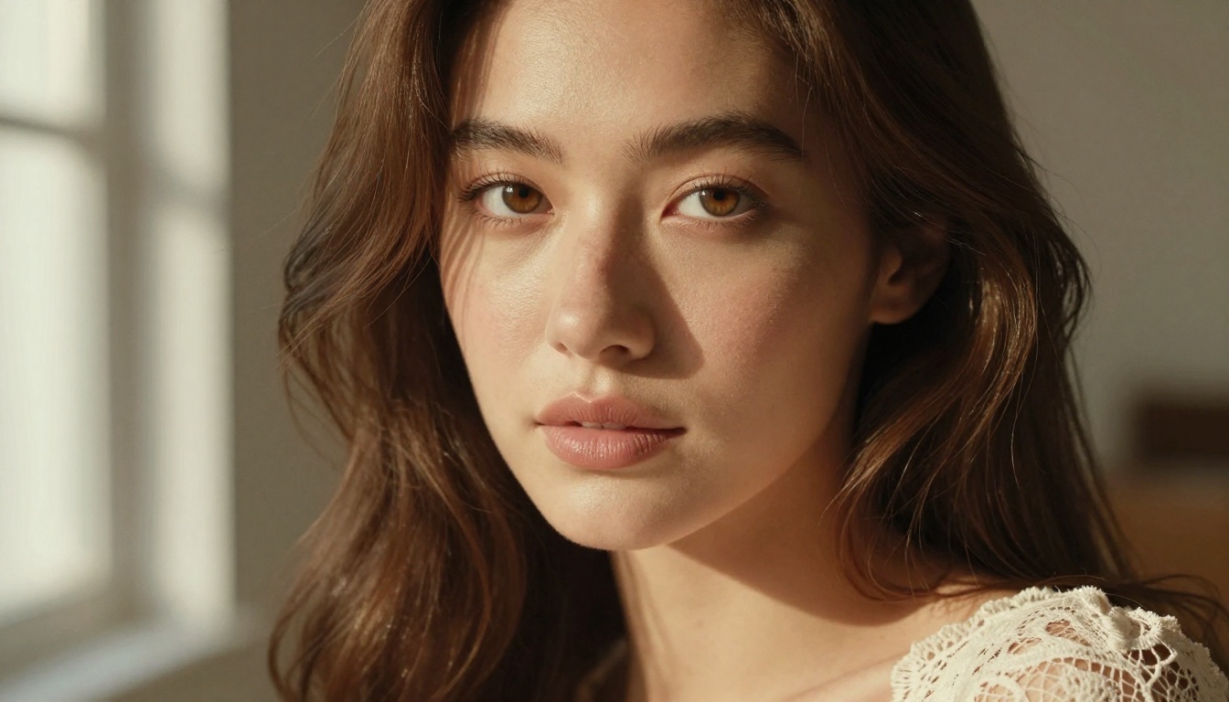 Close-up natural beauty portrait of woman with chestnut waves, freckles, and hazel eyes in warm window light