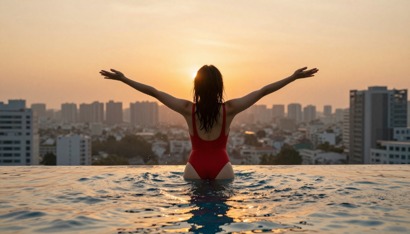 Woman in red one-piece swimsuit at rooftop infinity pool with city skyline at golden hour Woman in red one-piece swimsuit at rooftop infinity pool with city skyline at golden hour