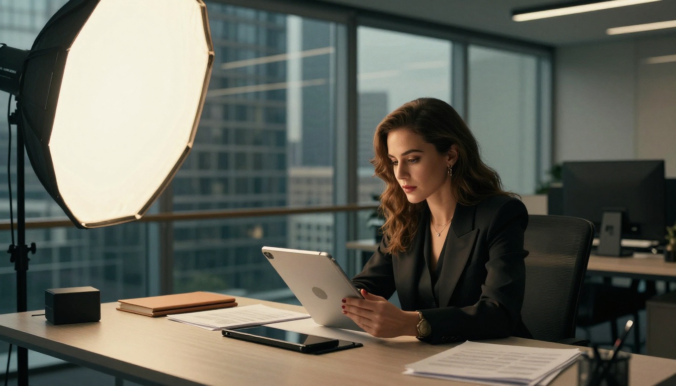 Woman at creative director desk reviewing content on a large tablet, cinematic office lighting Woman at creative director desk reviewing content on a large tablet, cinematic office lighting