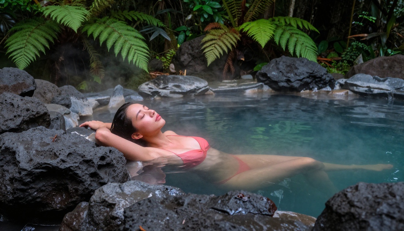 Woman relaxing in turquoise mineral hot spring surrounded by volcanic rocks and tropical jungle ferns, steam rising at dusk
