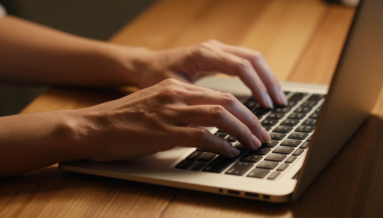 Close-up of feminine hands typing on laptop with AI creative software visible on screen