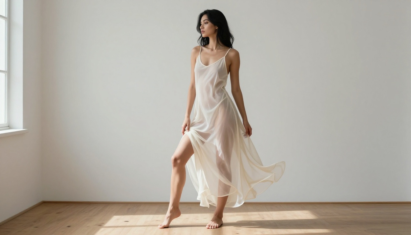 Woman in an artistic sheer dress photographed in a minimal studio