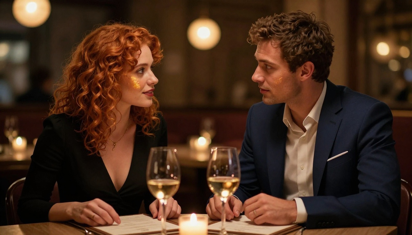 Romantic couple leaning close in a candlelit restaurant