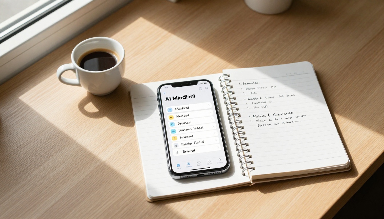 Flat-lay of AI model research notes and smartphone Flat-lay of AI model research notes and smartphone