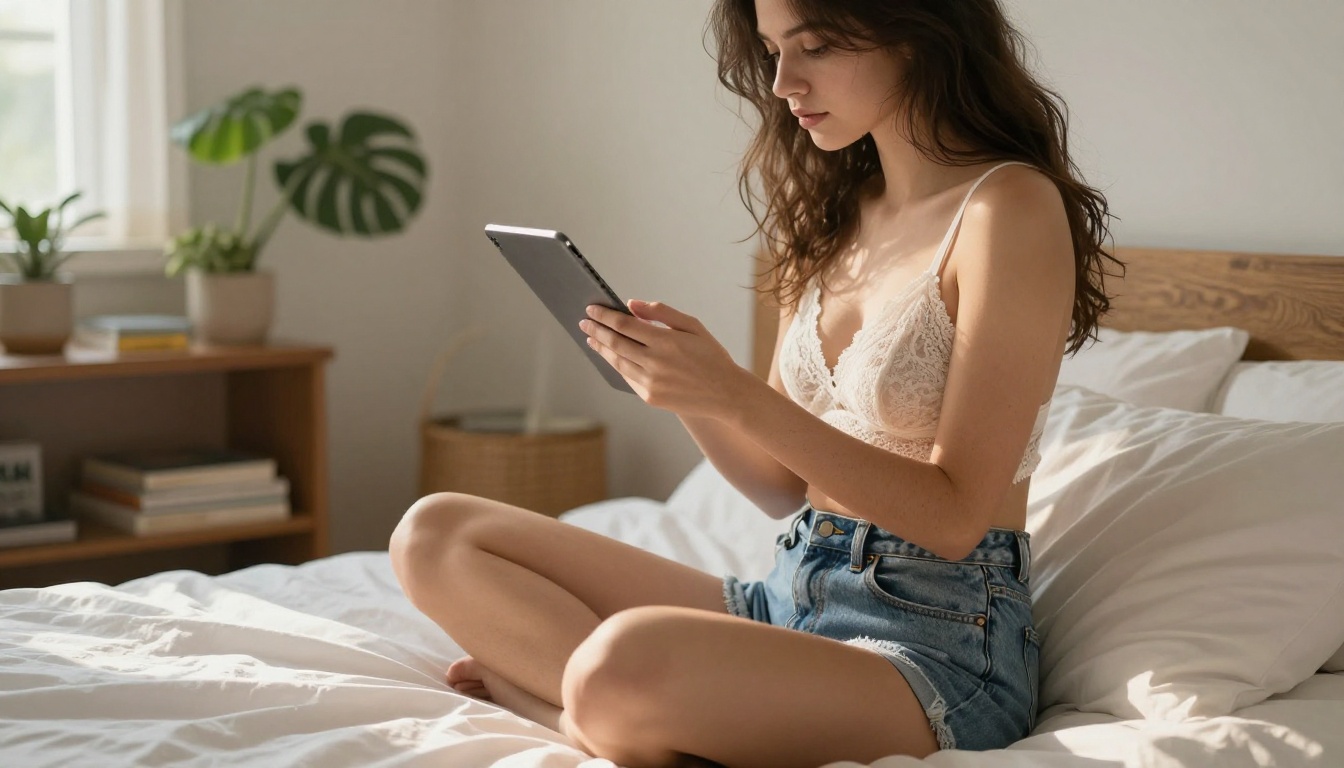 Woman on bed with tablet in morning light Woman on bed with tablet in morning light