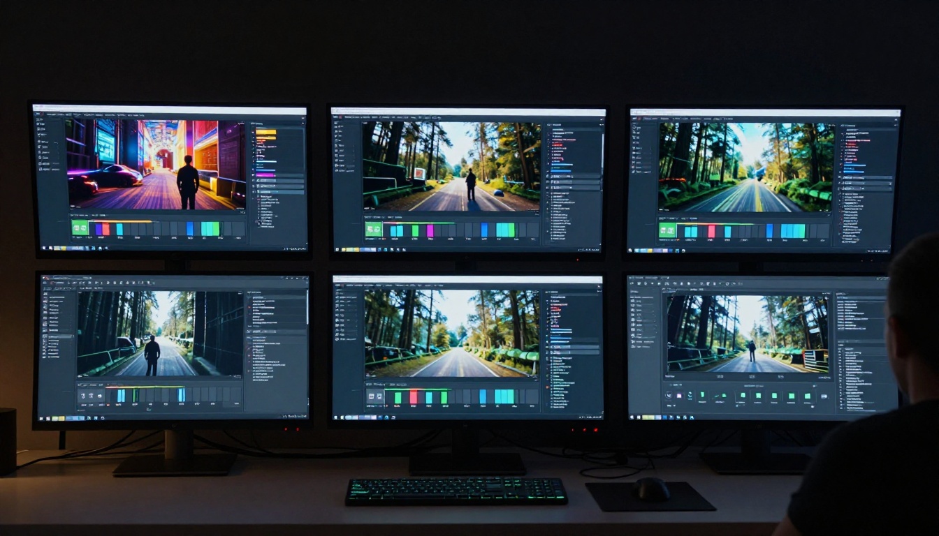 Three monitors showing AI video generation platforms Three monitors showing AI video generation platforms