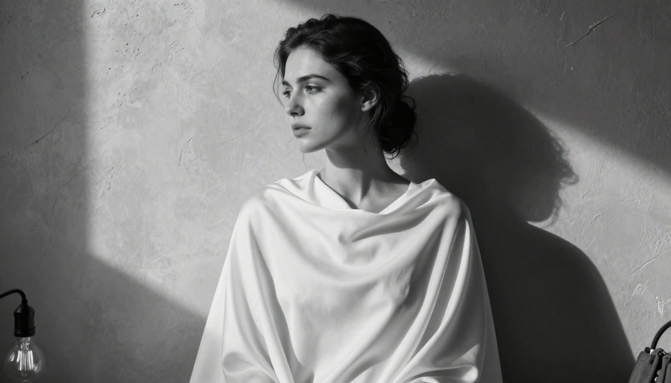Woman in artistic editorial portrait with silk draping