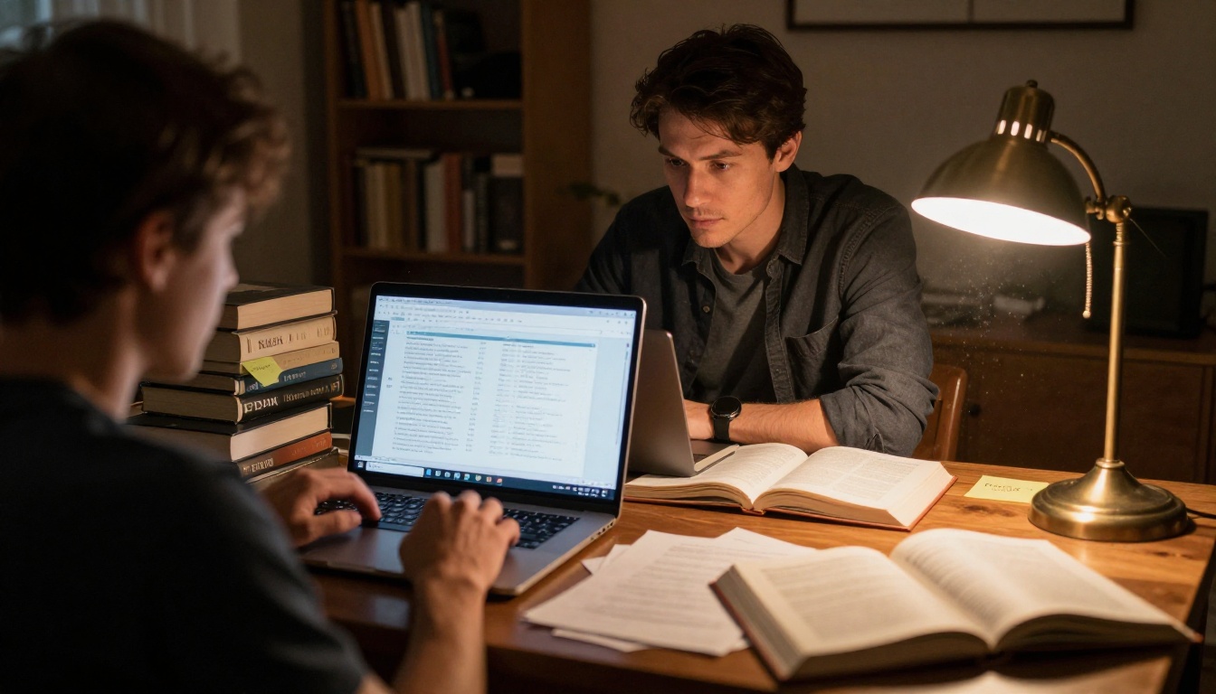 Man researching AI models at desk with books