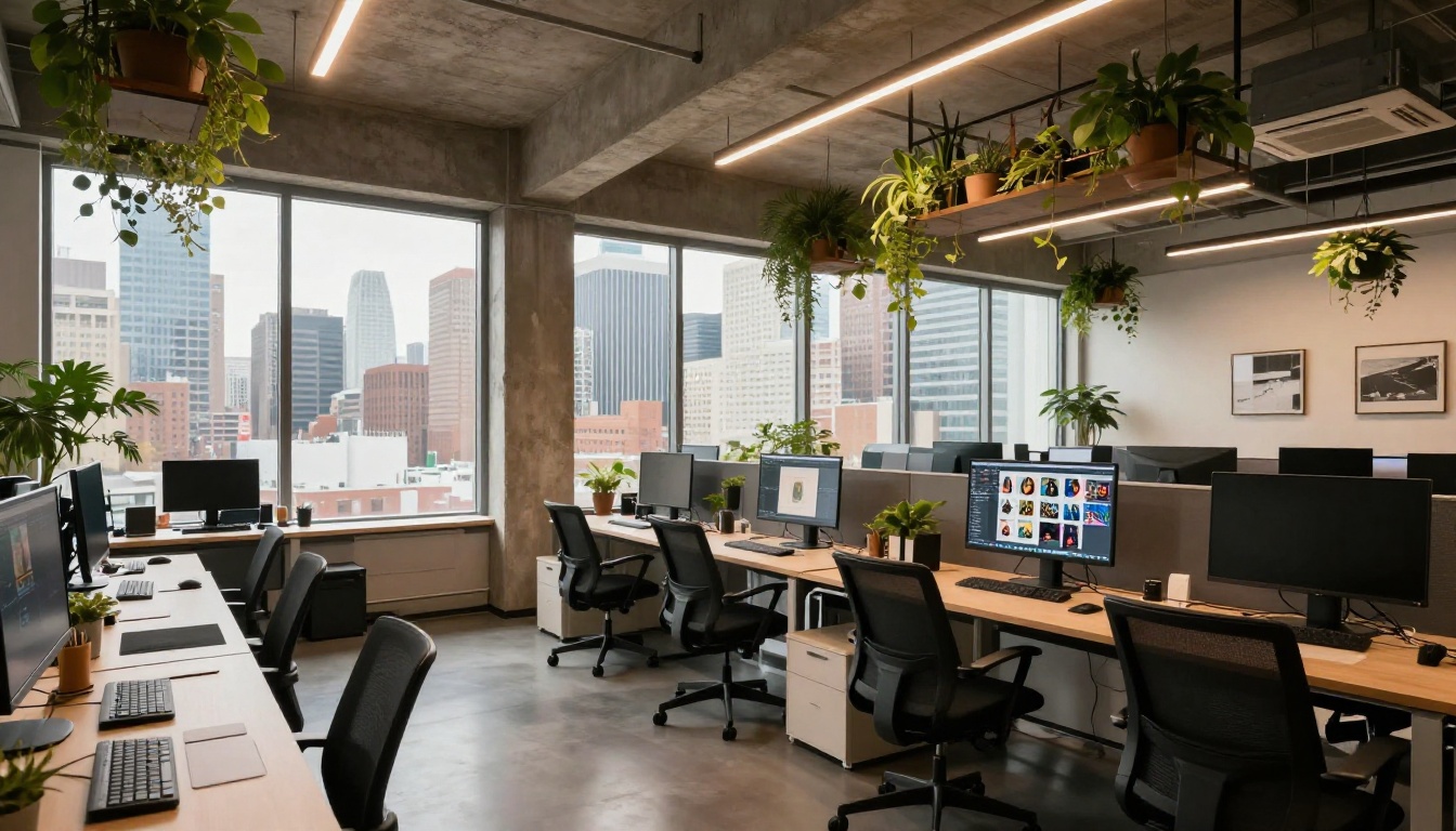 Creative studio with AI-generated image outputs on monitors