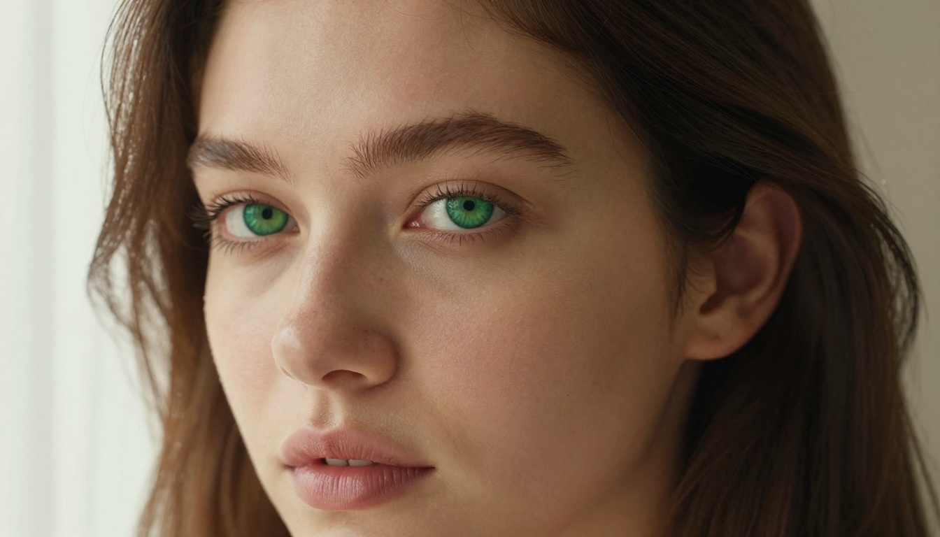 Extreme close-up portrait of woman with auburn hair, emerald eyes, morning light through sheer curtains