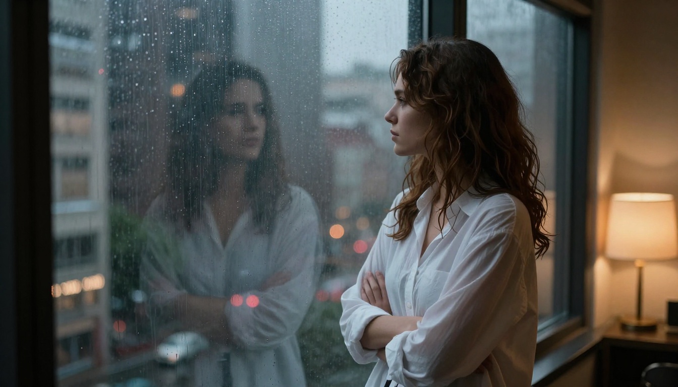 Woman in wavy chestnut hair and oversized white shirt at rain-streaked window, rainy cityscape behind