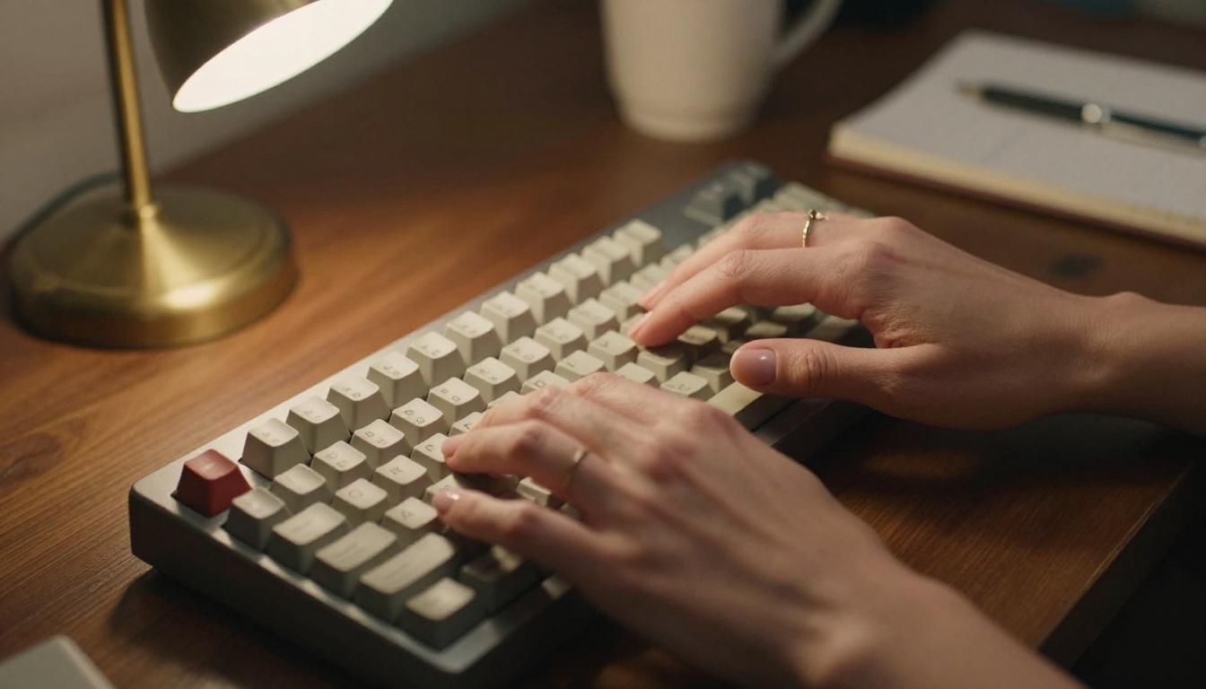 Creative writing at night, hands on vintage mechanical keyboard with brass desk lamp lighting