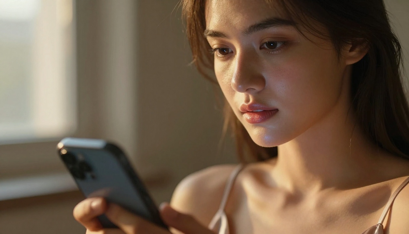 Woman holding smartphone with AI chat interface, warm golden light, intimate atmosphere