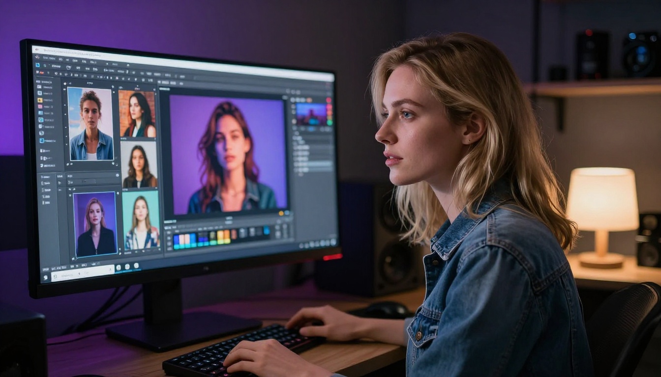 Creator at dual monitor AI generation workspace