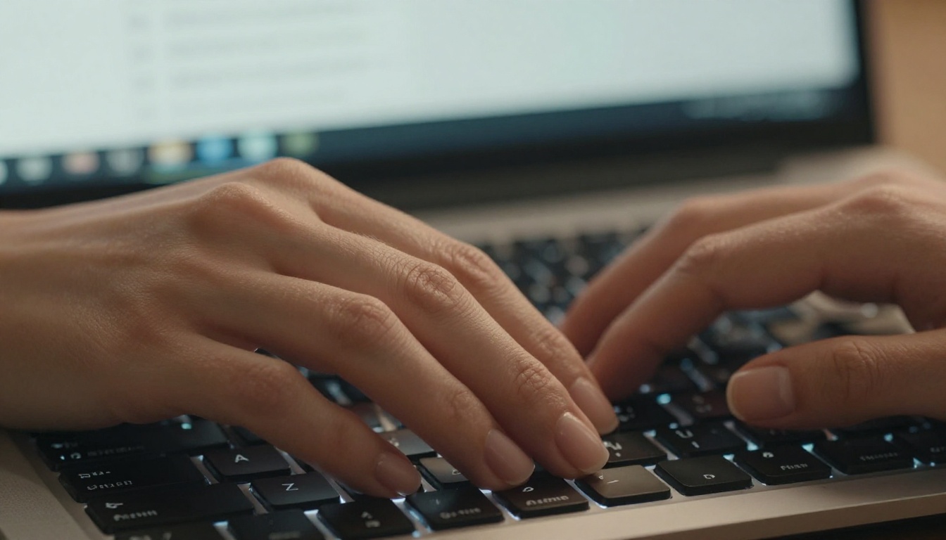 Close-up of elegant hands on a mechanical keyboard, warm lighting Close-up of elegant hands on a mechanical keyboard, warm lighting