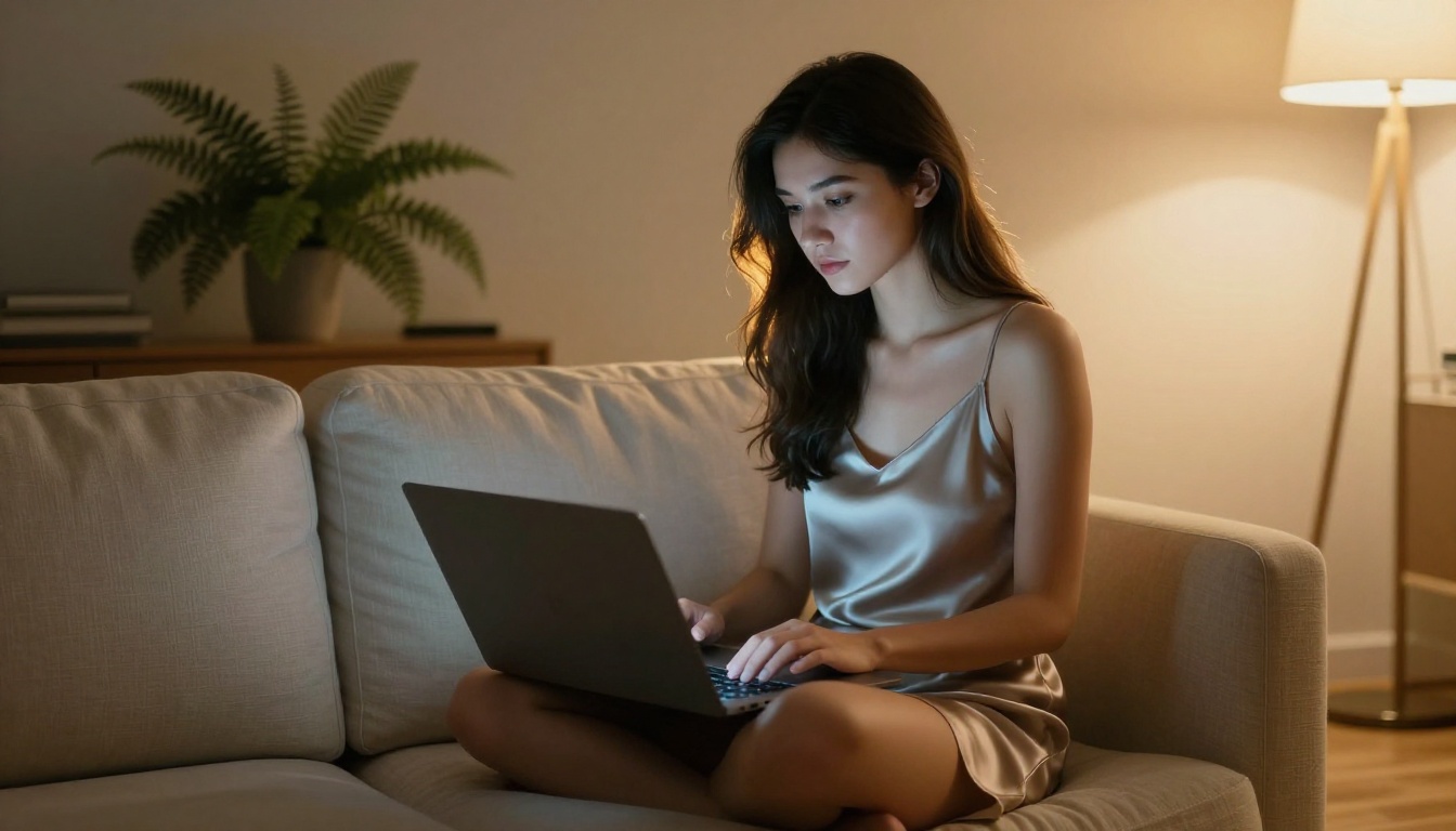 Young woman in silk slip dress on ivory sofa with open laptop, warm evening light, hardwood floor
