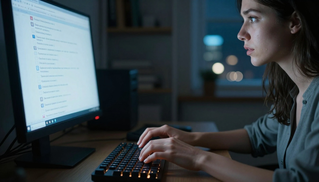 A woman using an AI chat interface late at night, monitor glow reflecting on her face and hands