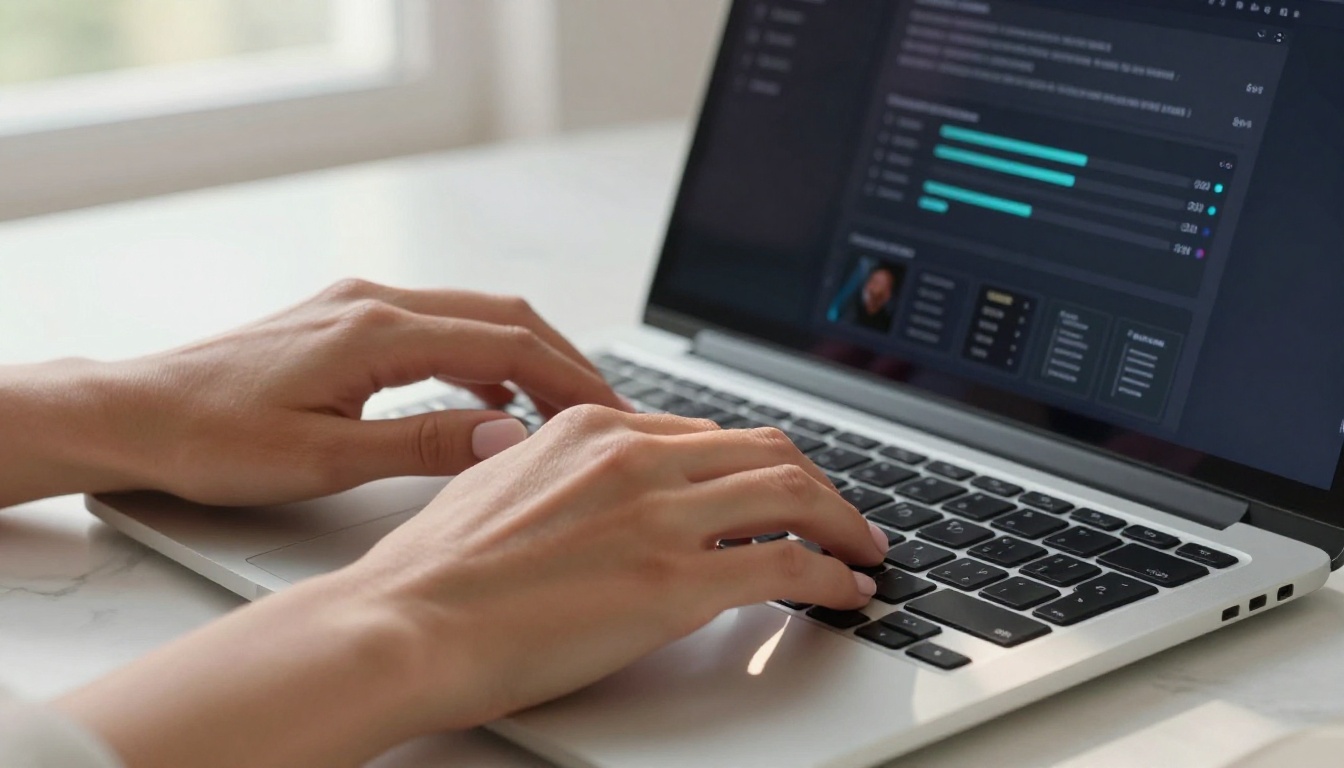 Woman using AI video generator on a laptop