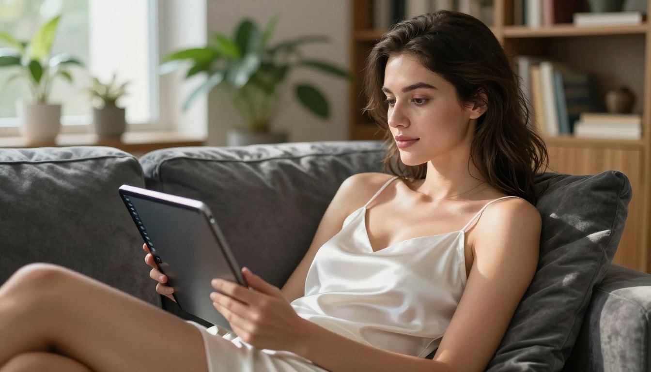 Woman reclining on velvet couch reading from a tablet, warm afternoon light Woman reclining on velvet couch reading from a tablet, warm afternoon light