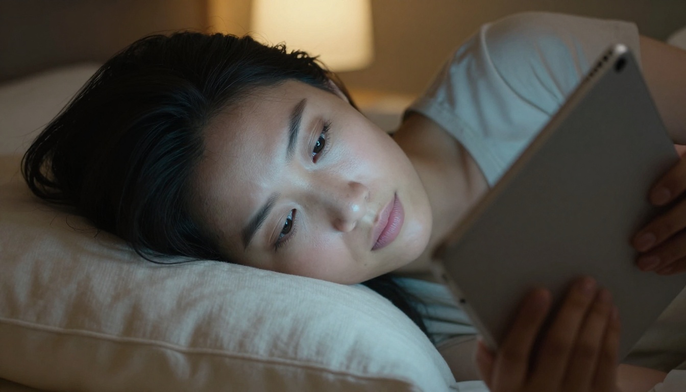 An elegant woman lying on cream linen pillows reading from a glowing tablet in a darkened bedroom
