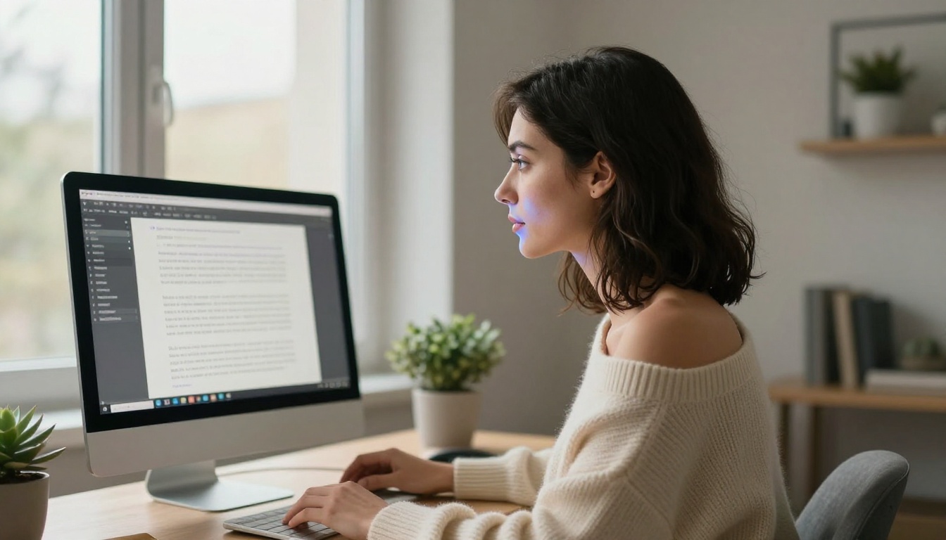 Side profile of a woman at a computer, warm and blue light contrast Side profile of a woman at a computer, warm and blue light contrast