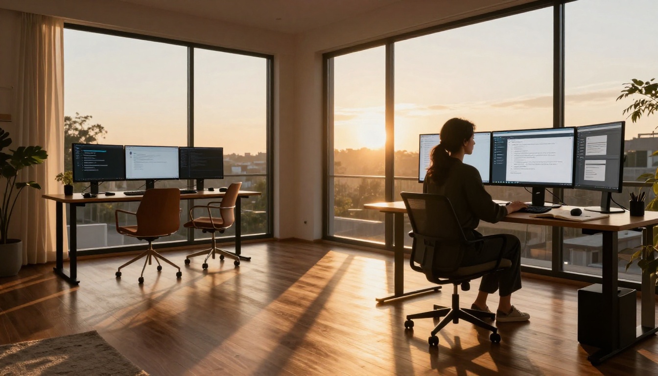 A woman at a standing desk in a sunlit home office with multiple AI chat monitors