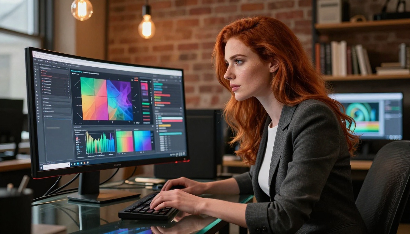 Confident redhead woman at ultrawide AI workstation, warm tungsten key light, Sony A1 85mm Confident redhead woman at ultrawide AI workstation, warm tungsten key light, Sony A1 85mm