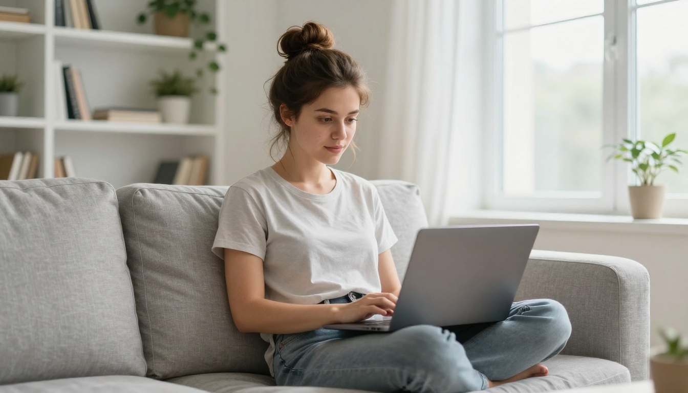 Woman working on laptop in minimalist home office
