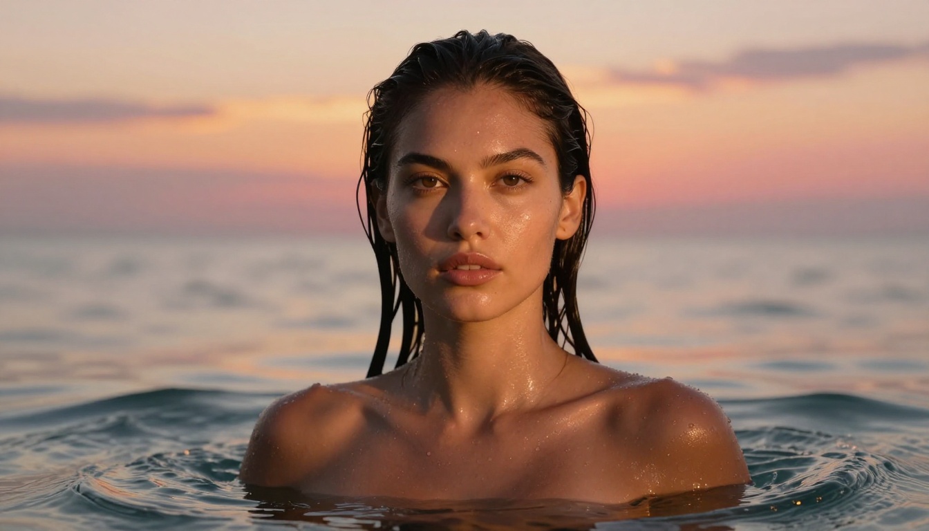 Stunning model with olive skin chest-deep in ocean at golden-hour sunset, water droplets on shoulders, Canon R5 85mm Stunning model with olive skin chest-deep in ocean at golden-hour sunset, water droplets on shoulders, Canon R5 85mm