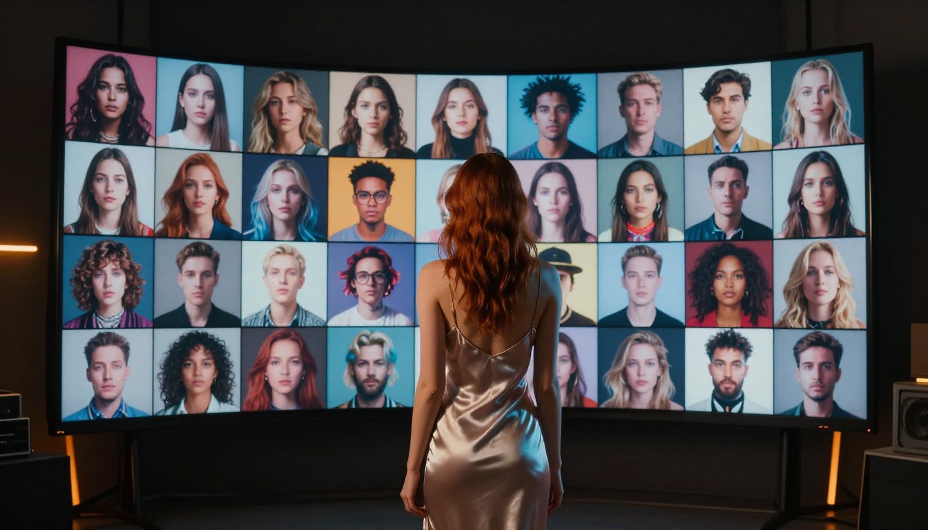 Woman facing monitor wall with AI image mosaic