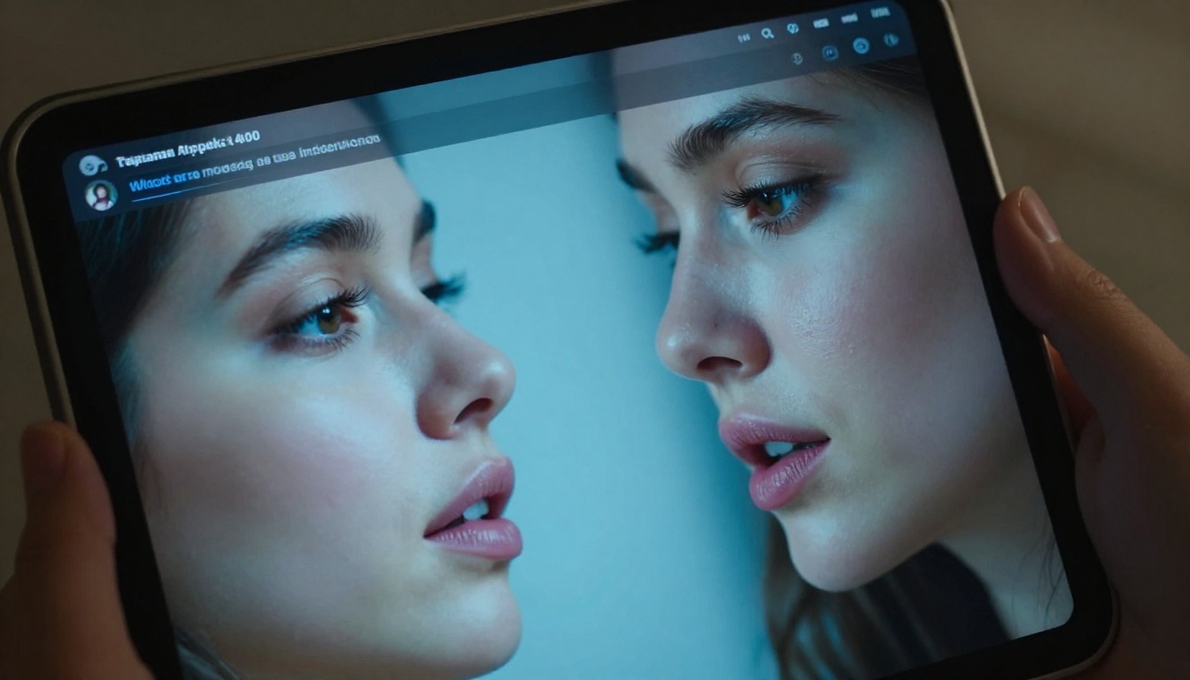 Close-up of a woman's face reflected in a glowing tablet screen showing an AI chat interface