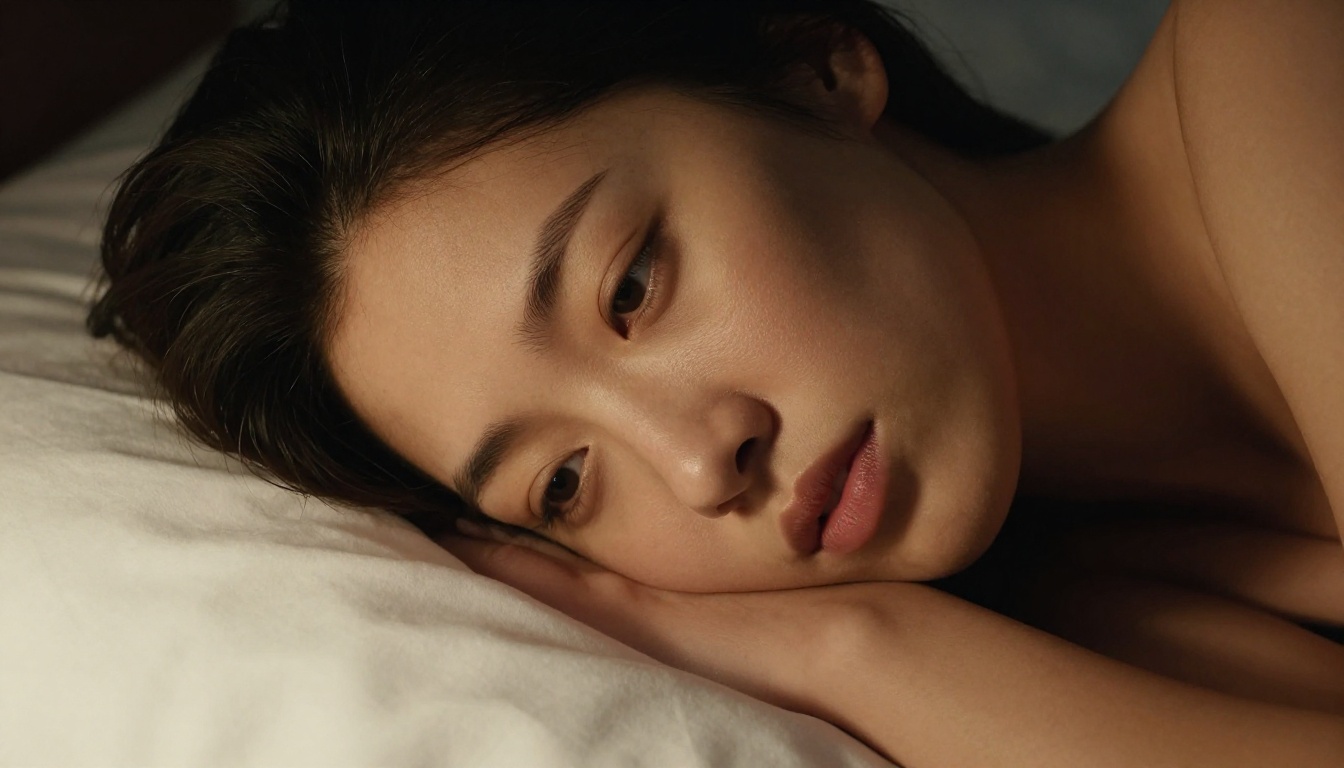 Close-up portrait of woman lying on white linen sheets, dramatic chiaroscuro lighting, bare shoulder, dreamy expression