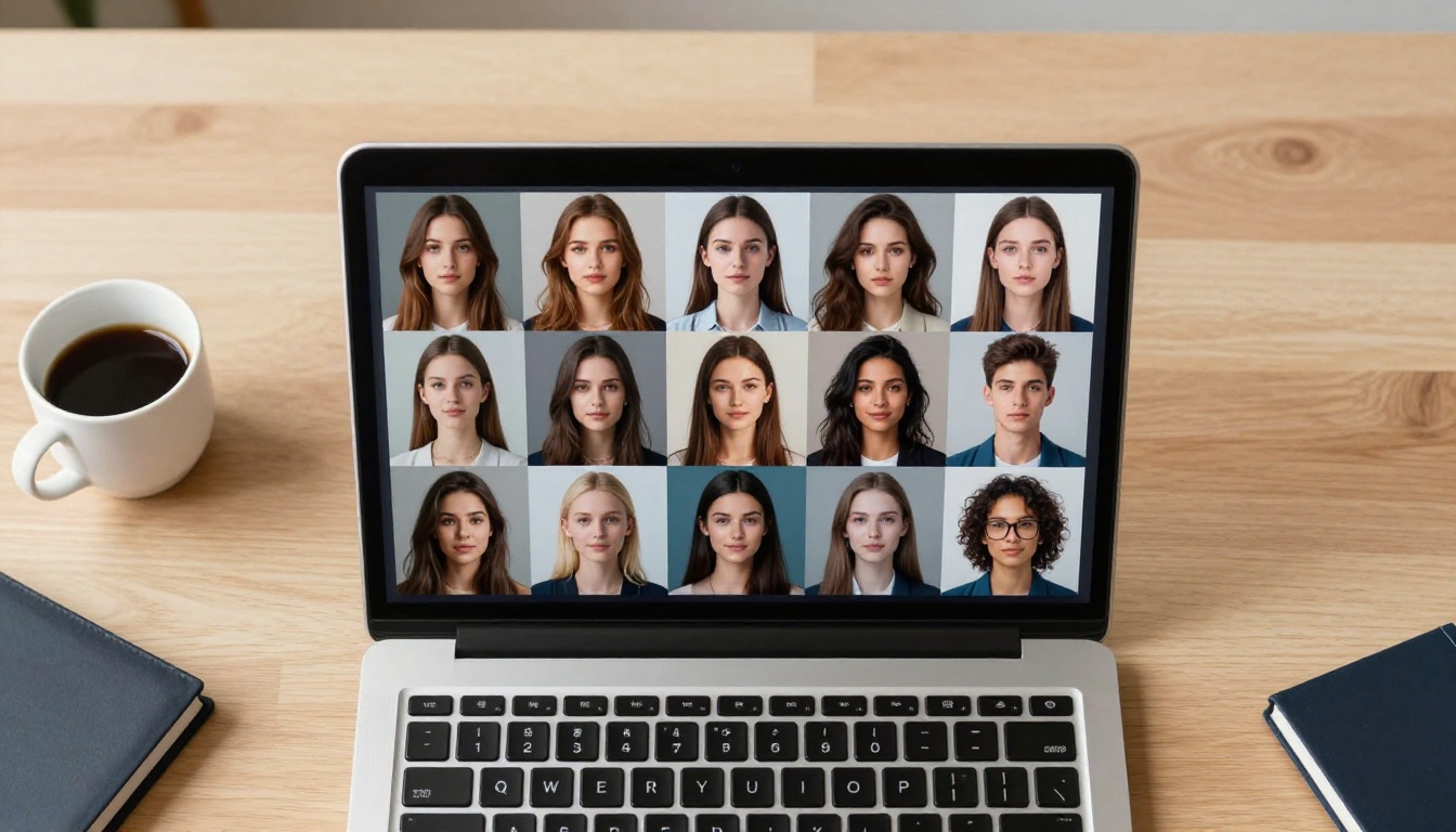 Aerial view of laptop with AI image grid