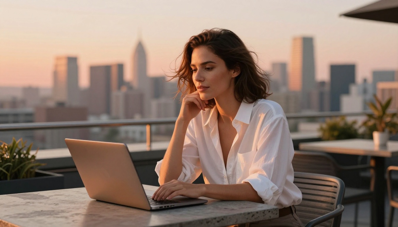Woman on a rooftop workspace at golden hour, city skyline in background