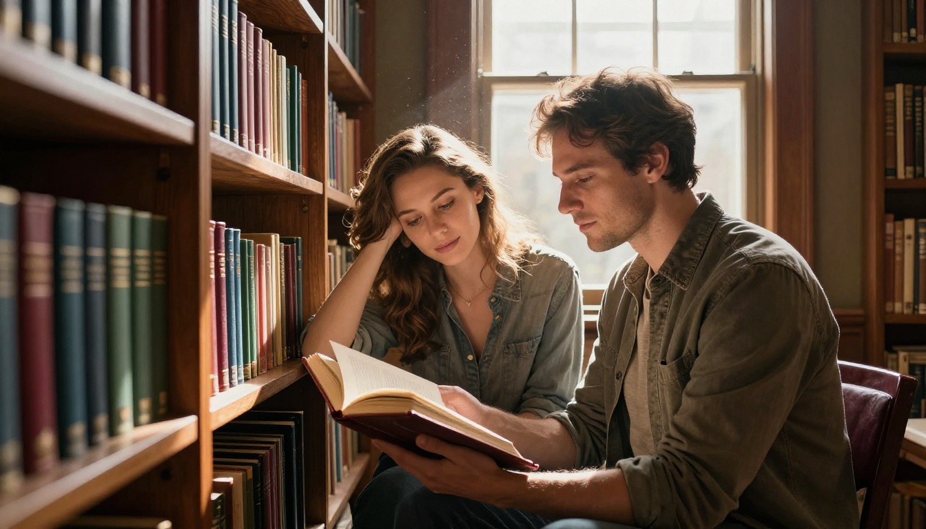 A couple sharing a quiet intimate moment in a warmly lit library with dust motes floating in afternoon light