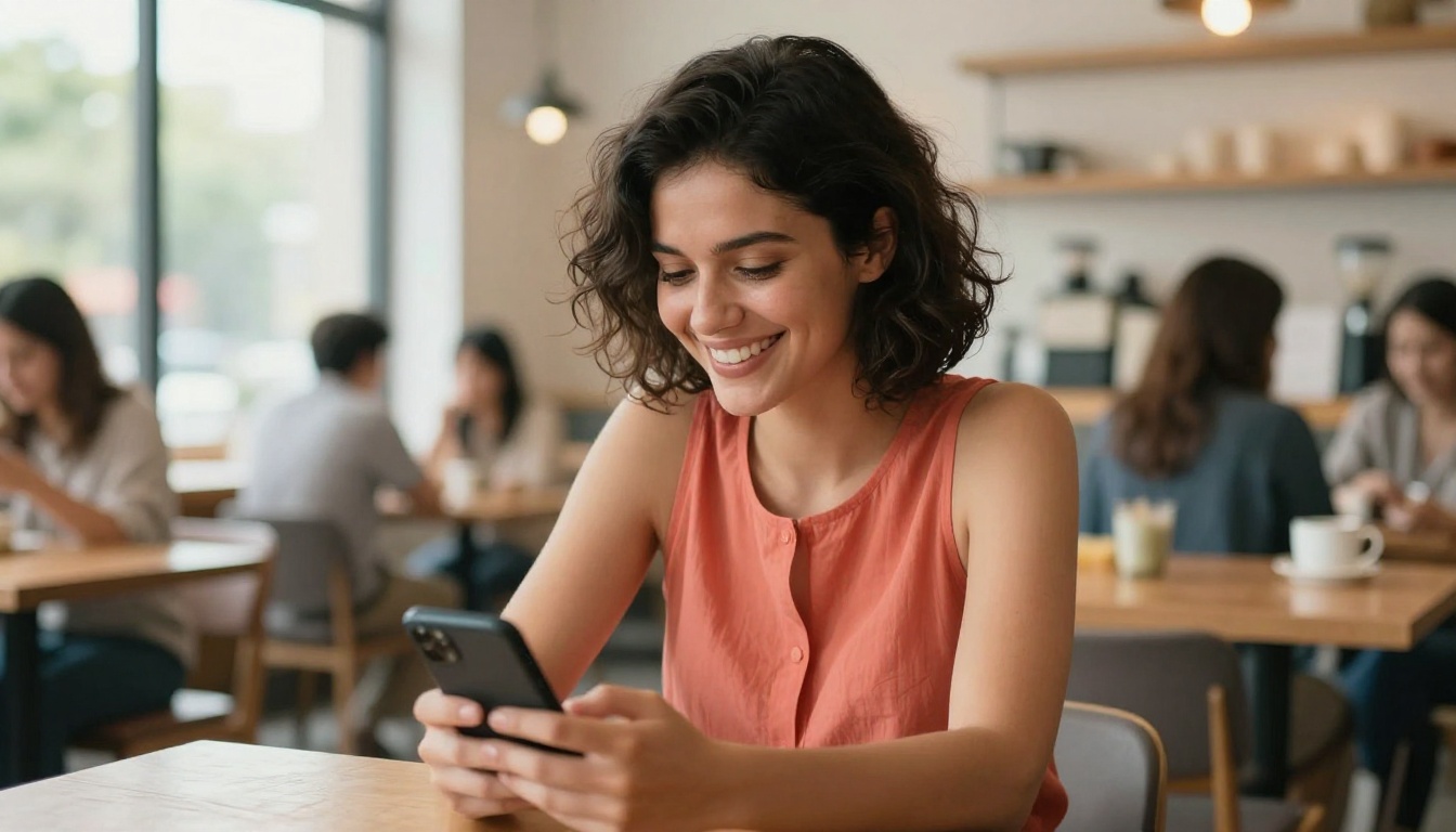 Woman smiling while reading from her phone in a bright coffee shop