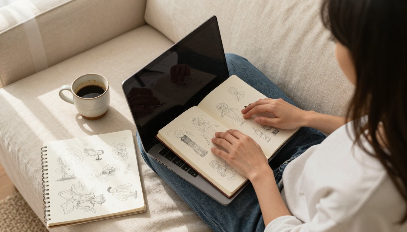 Aerial view of a woman working on a laptop with a character illustration sketchbook open beside her