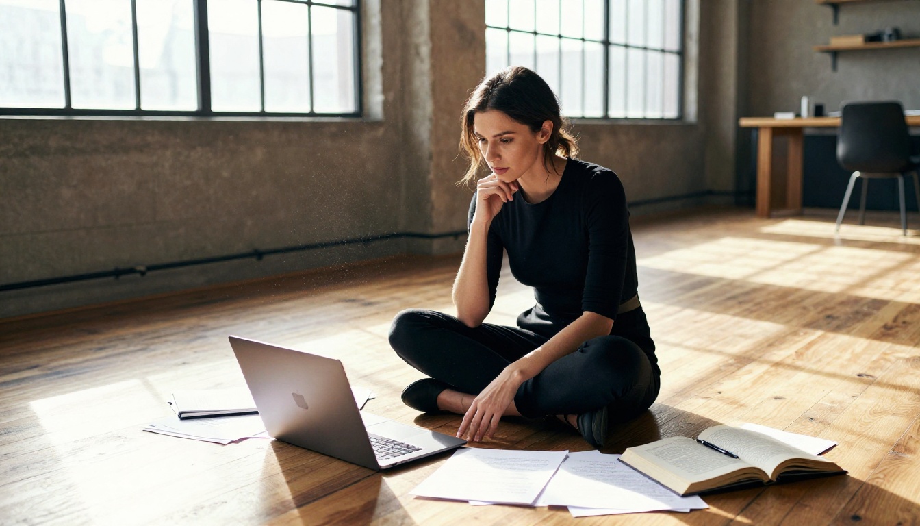 Stylish woman working on the floor surrounded by books and papers, morning light