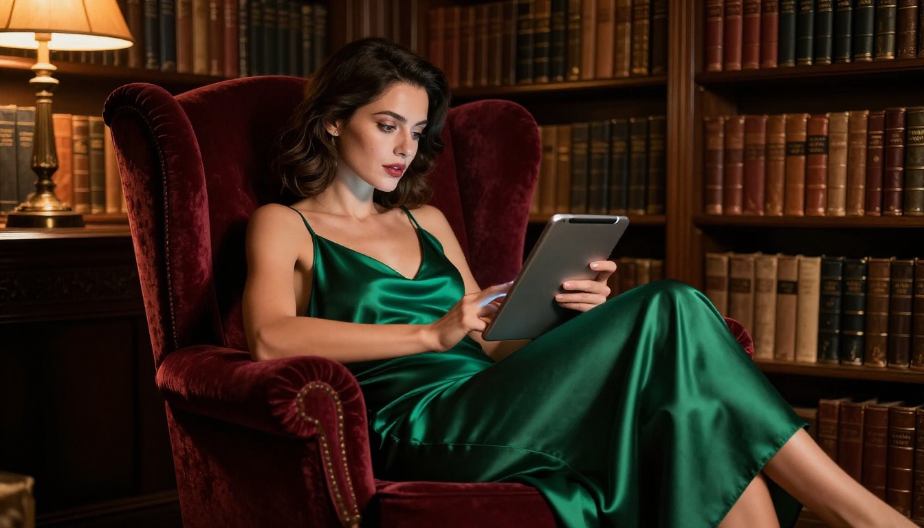 Woman in emerald dress in library with tablet