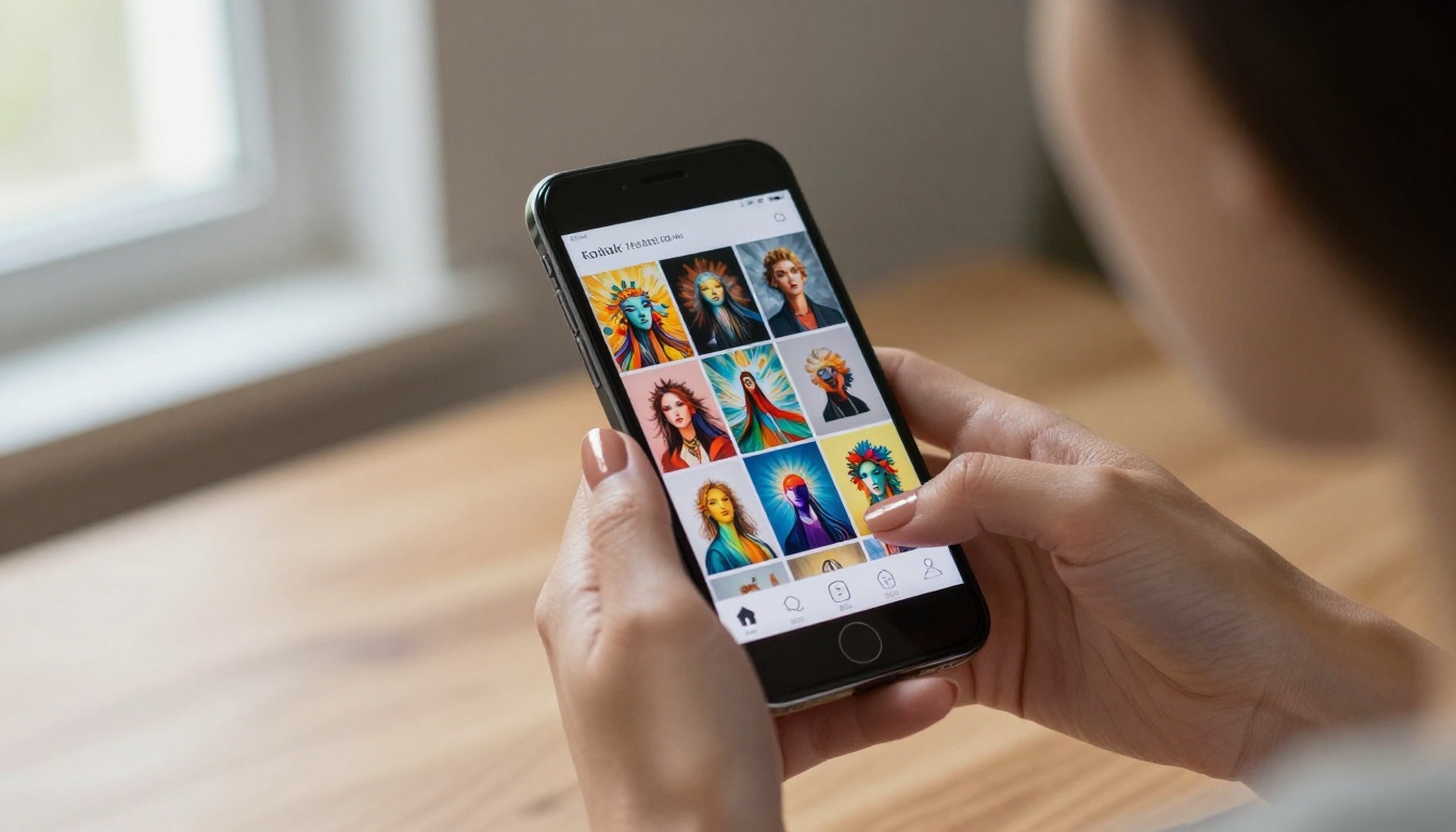 Creative hands holding phone with AI gallery