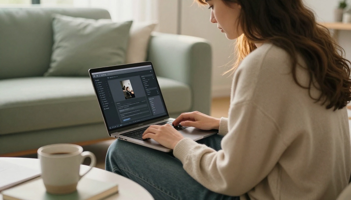 Woman using laptop with AI interface Woman using laptop with AI interface