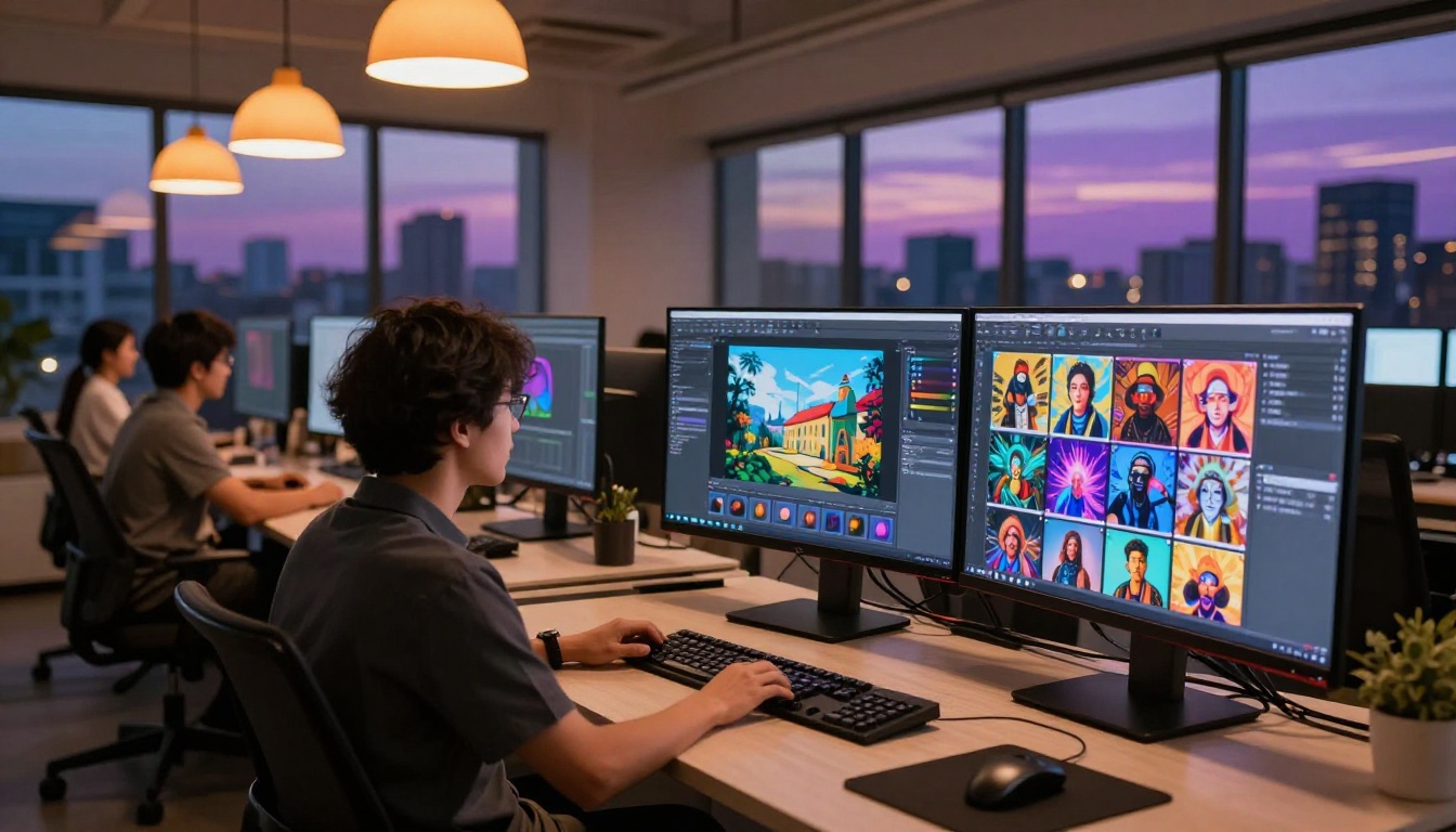 Creative agency office multiple monitors AI art