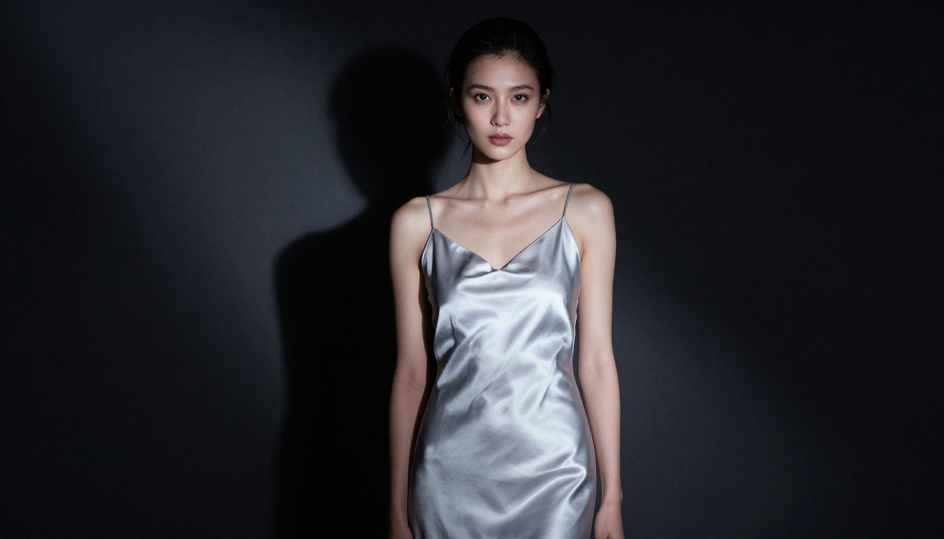 Dramatic studio portrait with spotlight and satin dress shadow contrast, photorealistic AI image