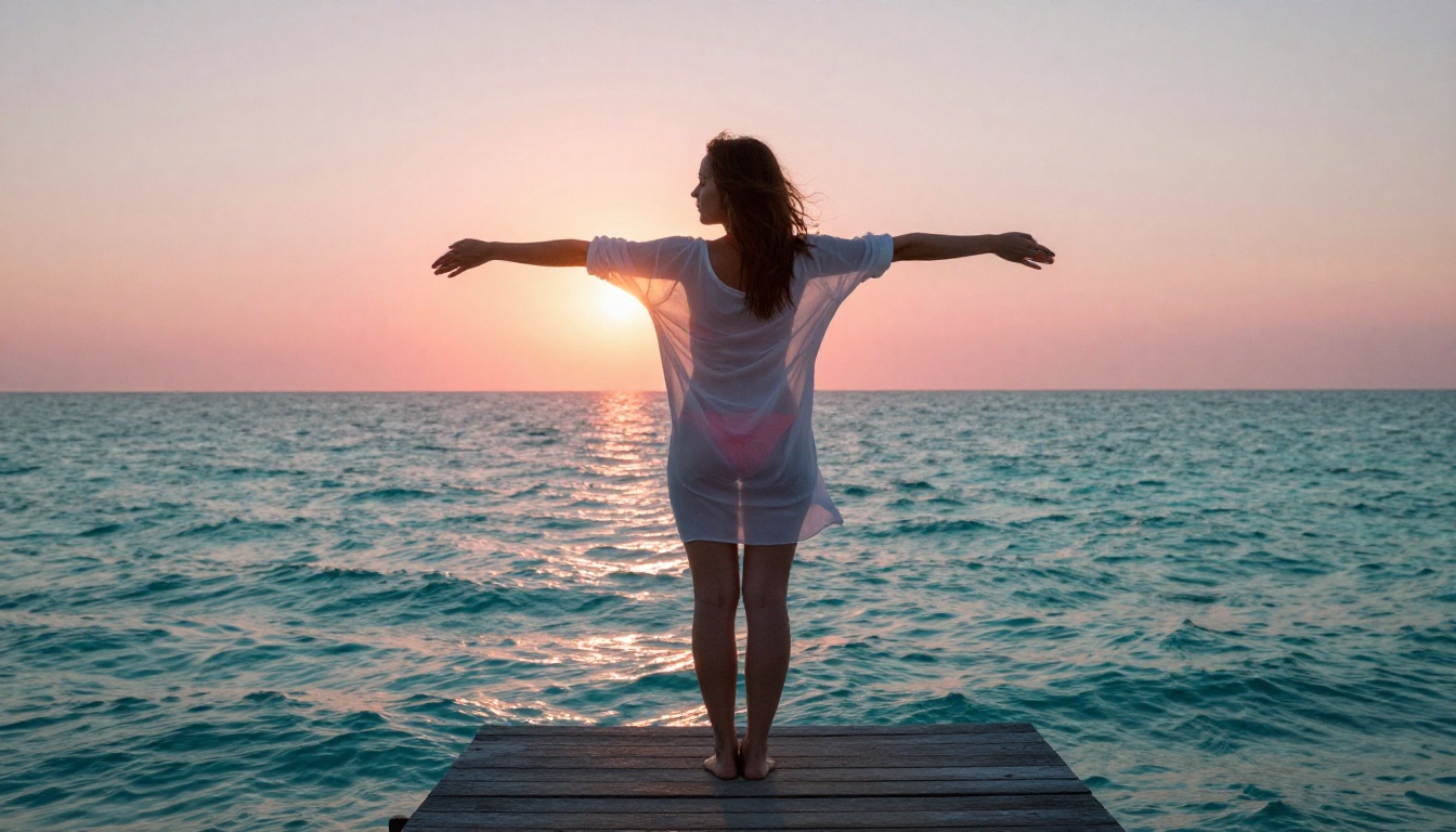 Woman on wooden pier over turquoise ocean at sunset in sheer white cover-up, AI photography